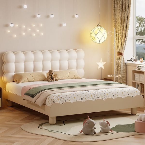 "White Casual Lumber Standard Children Bed with Vinyl Leather Upholstery, Coir Mattress & Headboard, Gender Neutral"