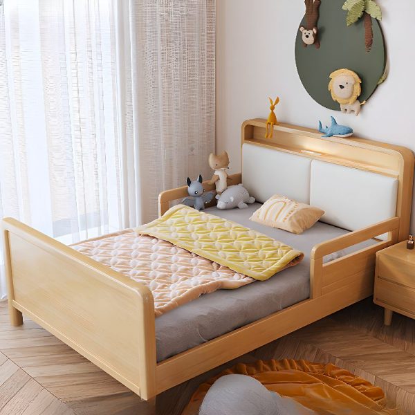 "Wood Grain Standard Kids Bed, Timber, Pleather, Coir, Footboard, Detachable Guardrails, Headboard"