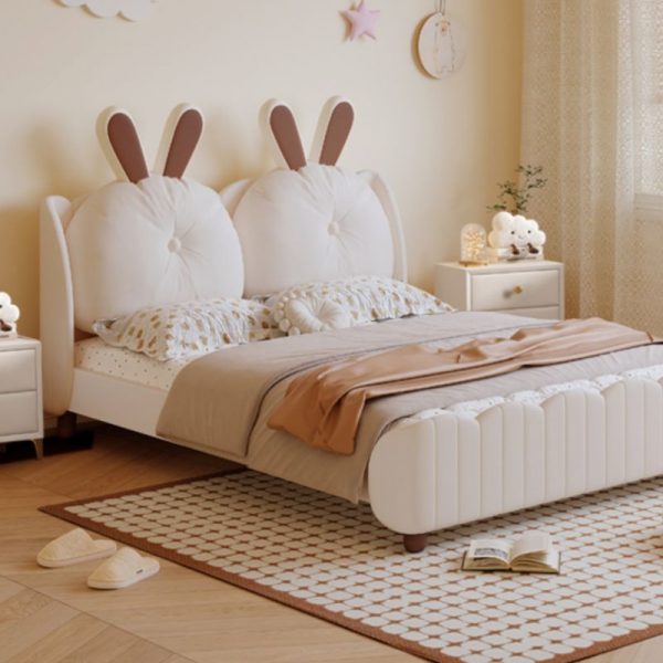 "Elegant White Modish Standard Children Bed with Lumber Frame, Vinyl Leather, Animals Theme, Mattress & Headboard Included"