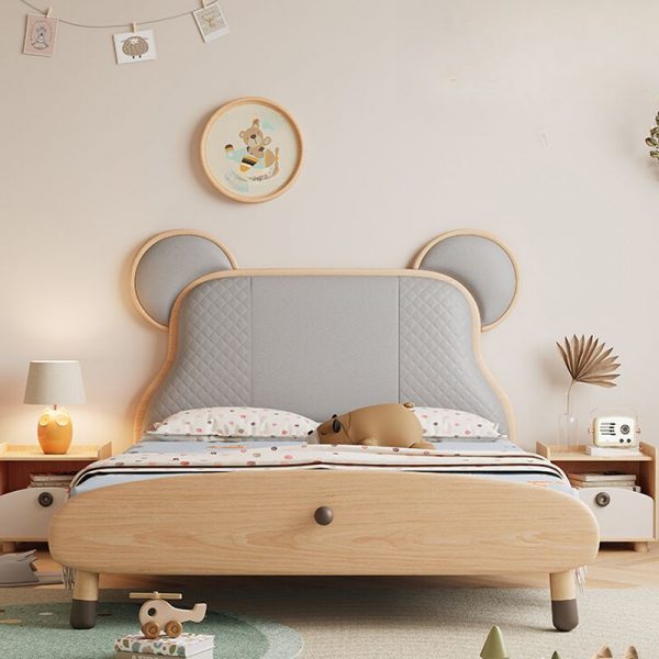 "Gray Modish Lumber Standard Children Bed with Genuine Leather Upholstery, Headboard, Gender Neutral, & Multiple Mattress Sizes"