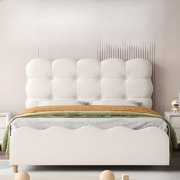 "Neutral White Casual Standard Children Bed in Lumber with Vinyl Leather, Headboard Included"