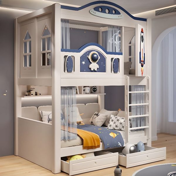 "Ivory/Grey Space & Astronaut Kids Bunk Bed with Spring Mattress for Boy/ Man+"