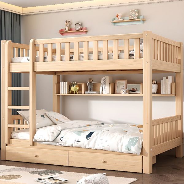 "Contemporary Unfinished Color Wood Bunk Children's Bed with Ladder, Guardrail, Slat Headboard and Footboard"