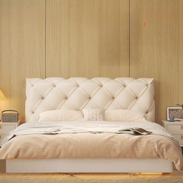 "Cream Casual Wood Standard Children Bed with Synthetic Leather, Headboard, Spring Mattress & Gender Neutral Design"