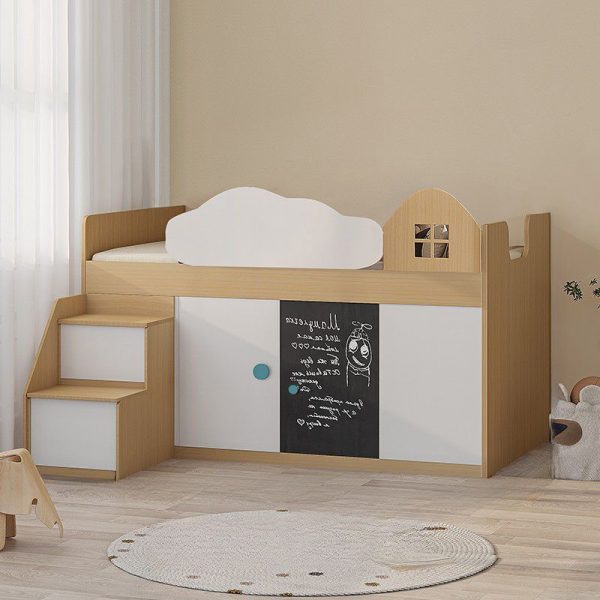 "Natural Color Wood Standard Children Bed with Repository Storage, 2 Drawers, 3 Cabinets, Stairs, and Detachable Guardrails"