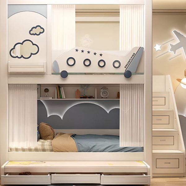 "Chalk Space & Astronaut Themed Bunk Children's Bed with Storage Repository, 4 Drawers, Credenza Bookcase, Stairs, and Guardrail"