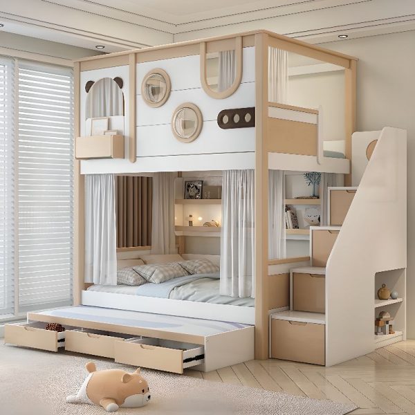 "Chalk Bunk Children's Bed with Repository, 3 Drawers, 3 Cabinets, Credenza, Stairs, Guardrail"