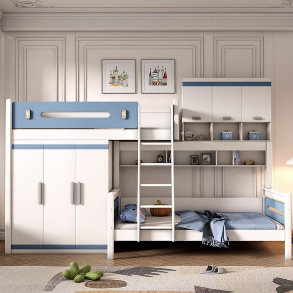 "Chalk Wood Bunk Children's Bed with Integrated Repository, Versatile 5 Cabinets/3 Cabinets, Credenza, Ladder, and Detachable Guardrails"