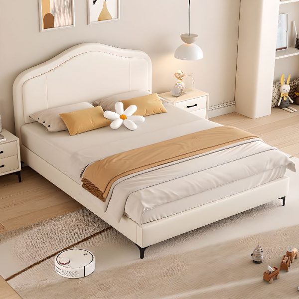 "Modern White Upholstered Standard Children Bed with Genuine Leather Headboard Gender Neutral"