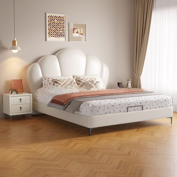 "Modern Simple Style White Standard Kids Bed, Genuine Leather Upholstered, Coir, Headboard, Gender Neutral"